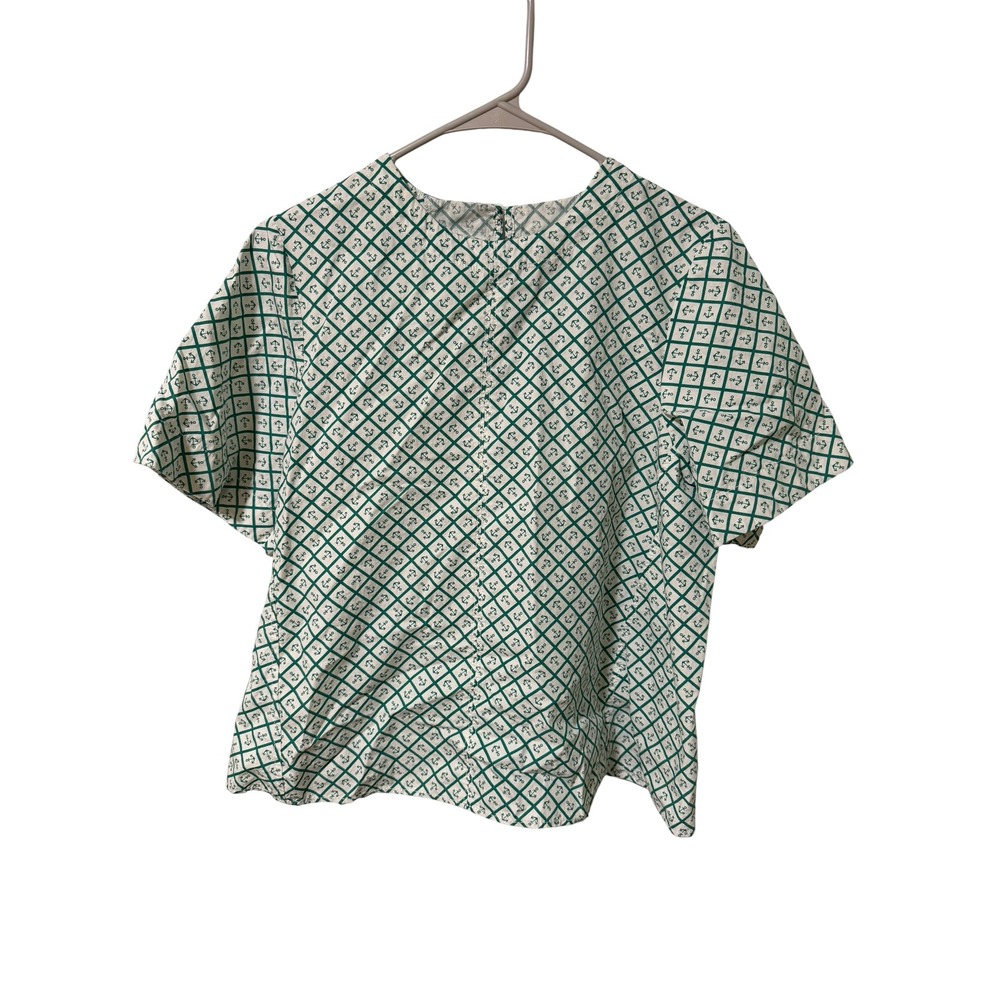 Maeve Anthropologie Size Small Emmy Swing Blouse Green White Anchor Print Cotton